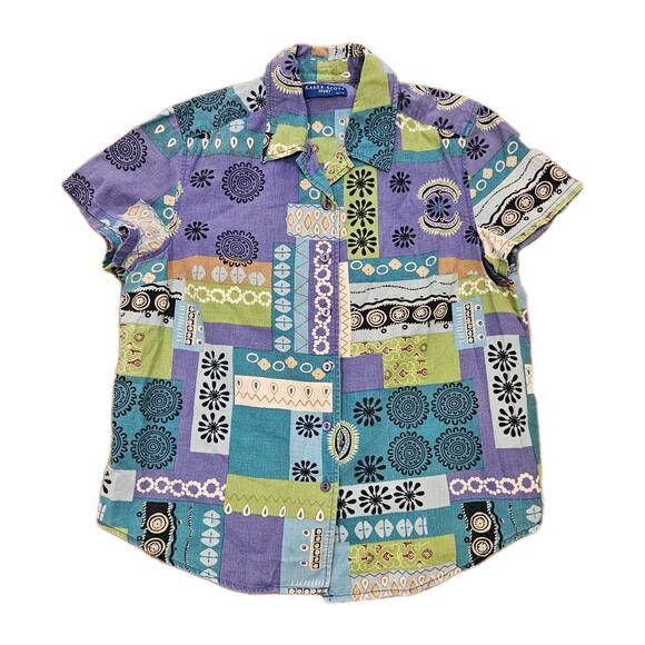 Vtg Karen Scott Floral Patchwork Button Up Top Womens PM Boho Retro Groovy Linen - Picture 1 of 8